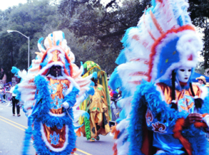 African American Mardi Gras "Indians" parade in their fantastic costumes