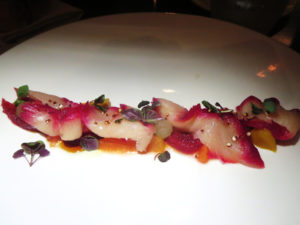 Beet cured hamachi crudo