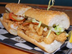 A fully "dressed" shrimp po-boy